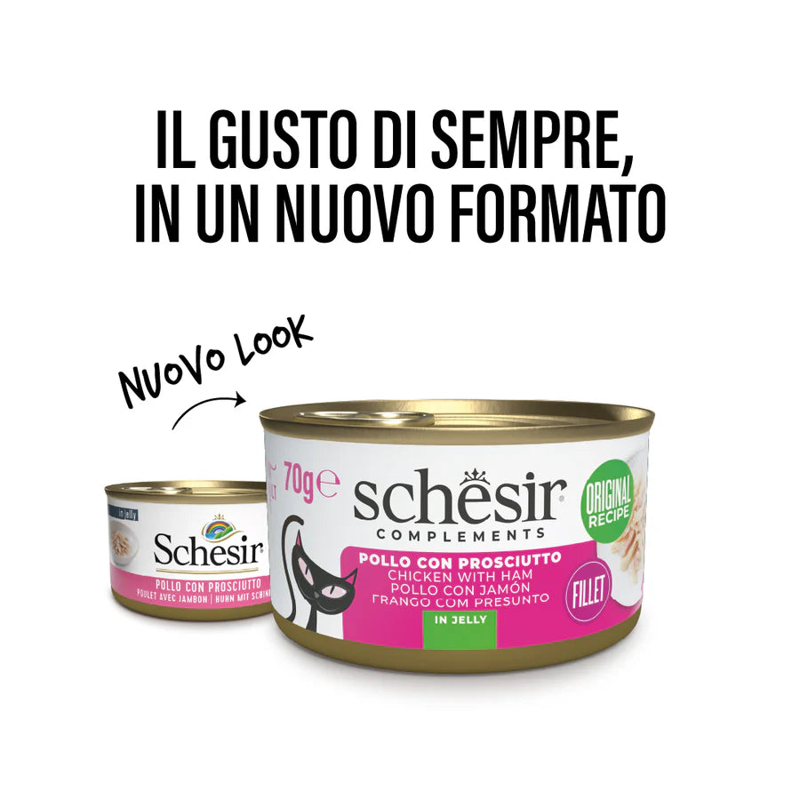 Alimento umido Schesir Pollo con Prosciutto in Gelatina 70 g per gatti adulti Alimento umido Schesir Pollo con Prosciutto in Gelatina 70 g per gatti adulti